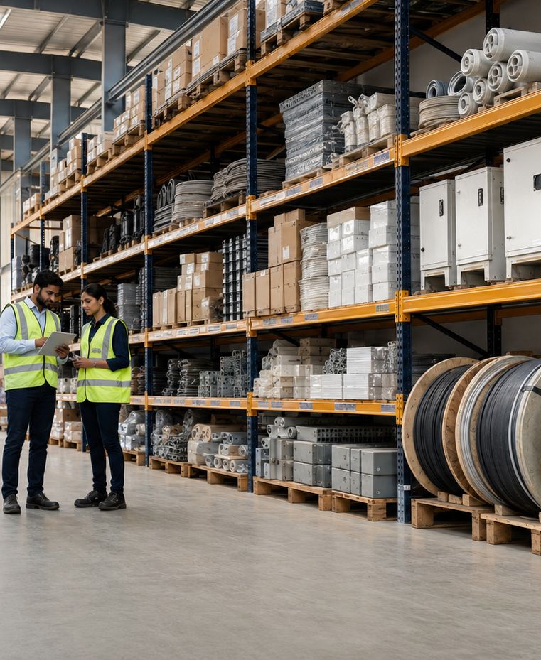 Warehouse team checking electrical inventory
