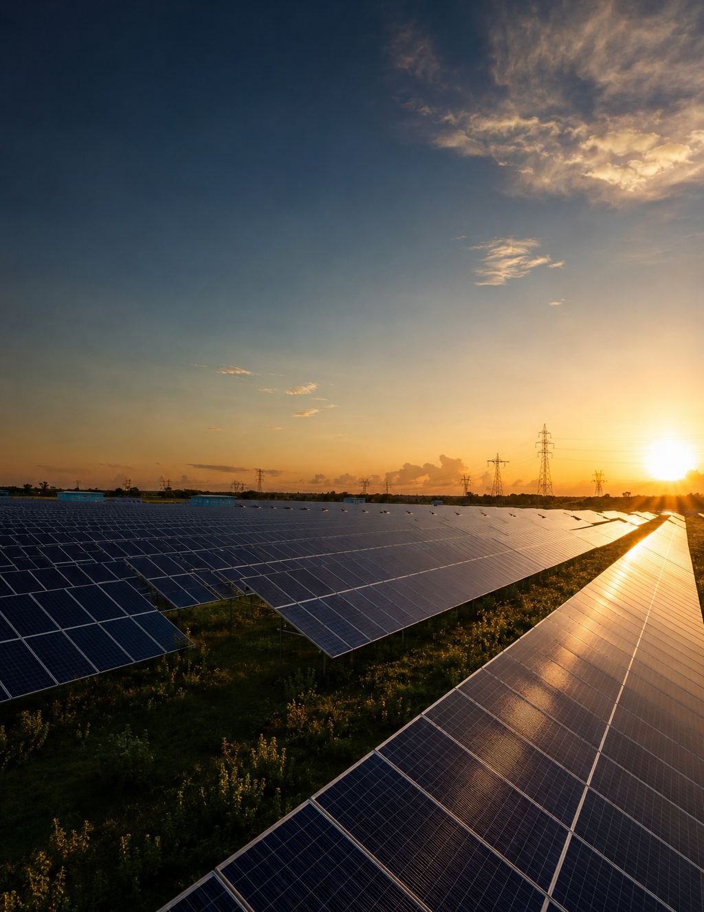 Solar panel farm at sunset